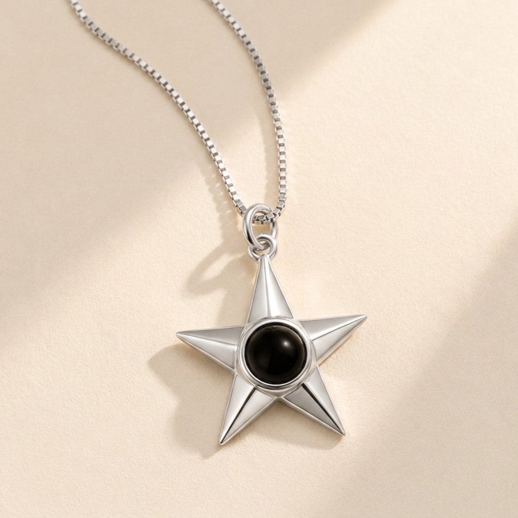Custom Memorial Star Necklace hero photo - sterling silver star pendant with photo projection stone on cream background Anthology Jewelry