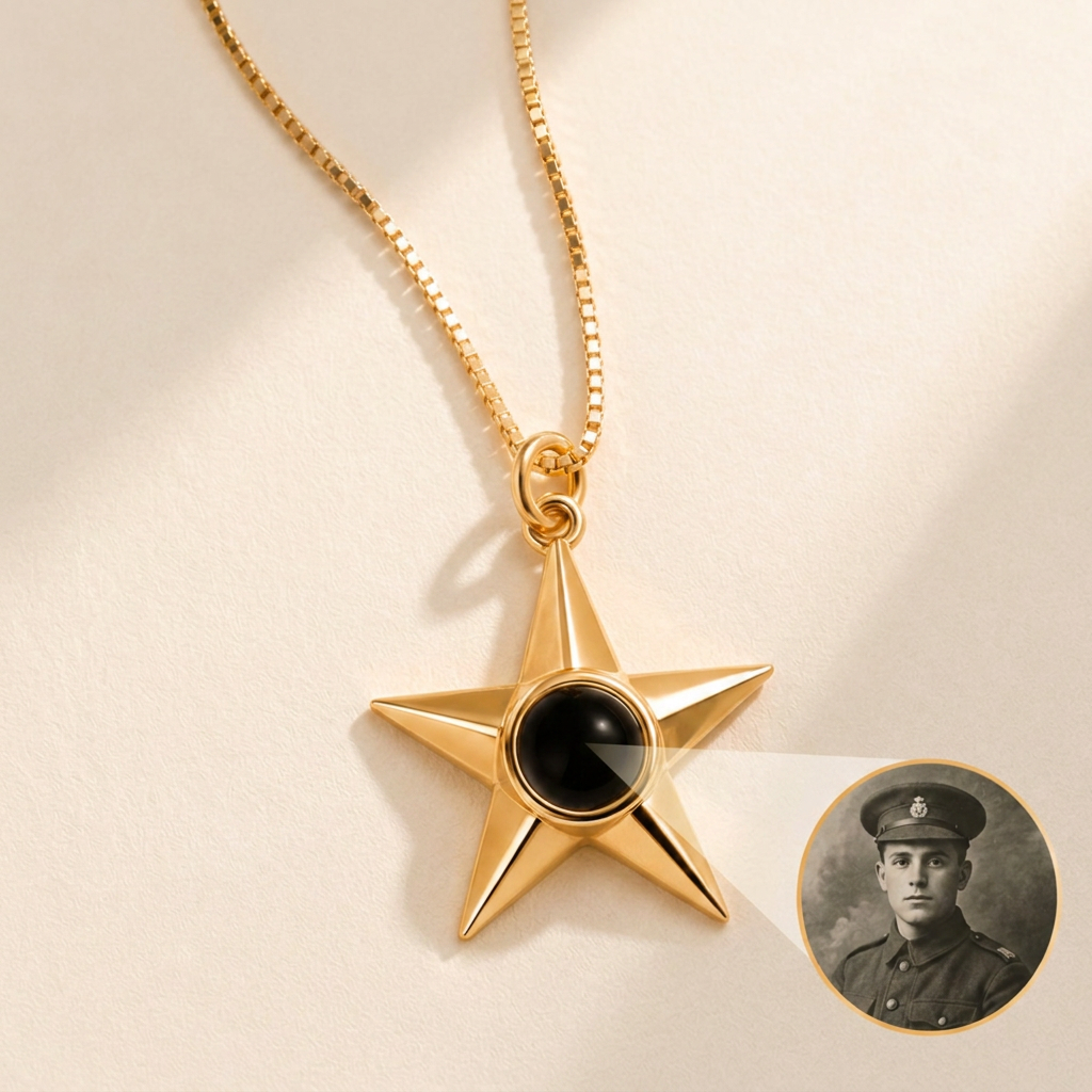Custom Memorial Star Necklace hero photo - gold star pendant with photo projection stone on cream background Anthology Jewelry