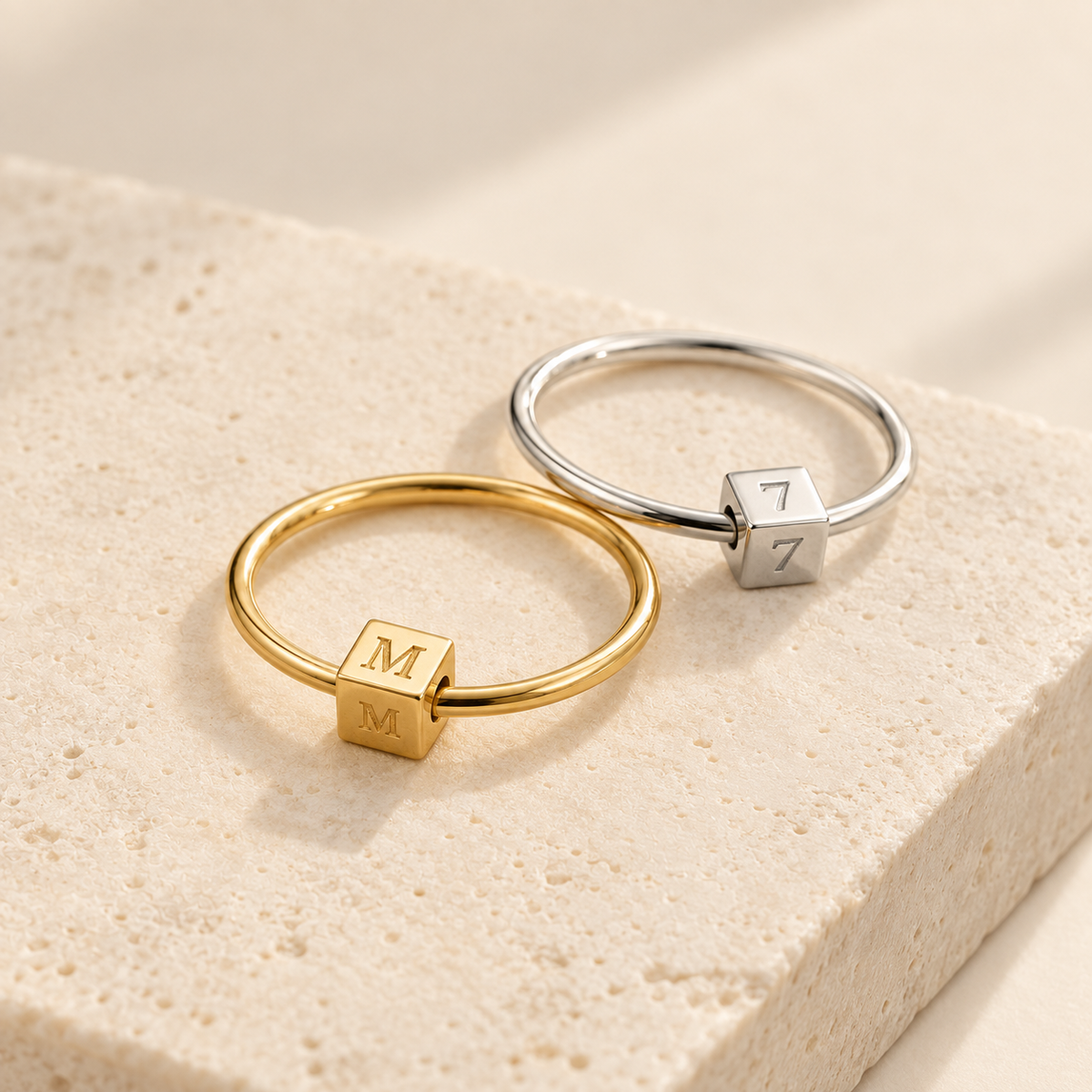 Gold and silver Custom Mini Block Rings, product glamour