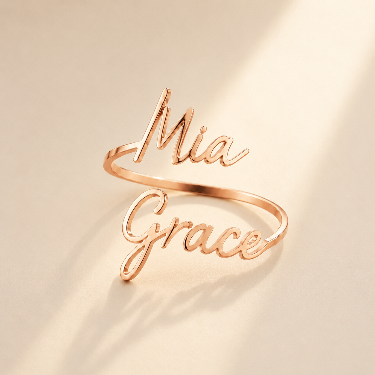 Custom Two-Name Wrap Ring close up detail - personalized engraved name ring Anthology Jewelry