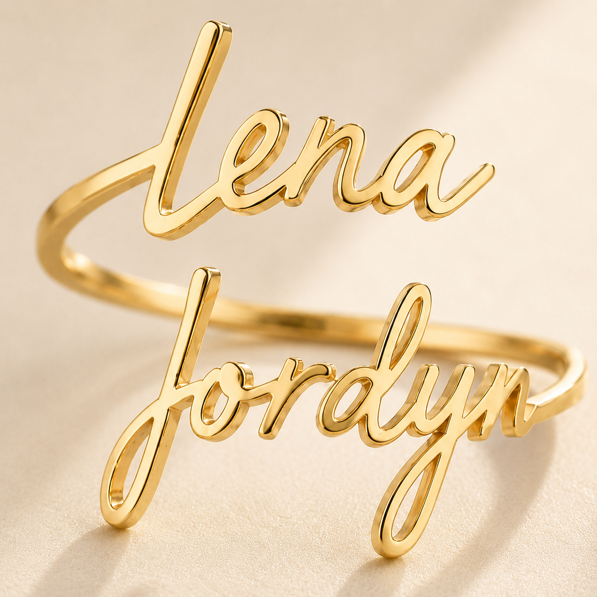 Custom Two-Name Wrap Ring worn lifestyle photo - personalized name ring Anthology Jewelry