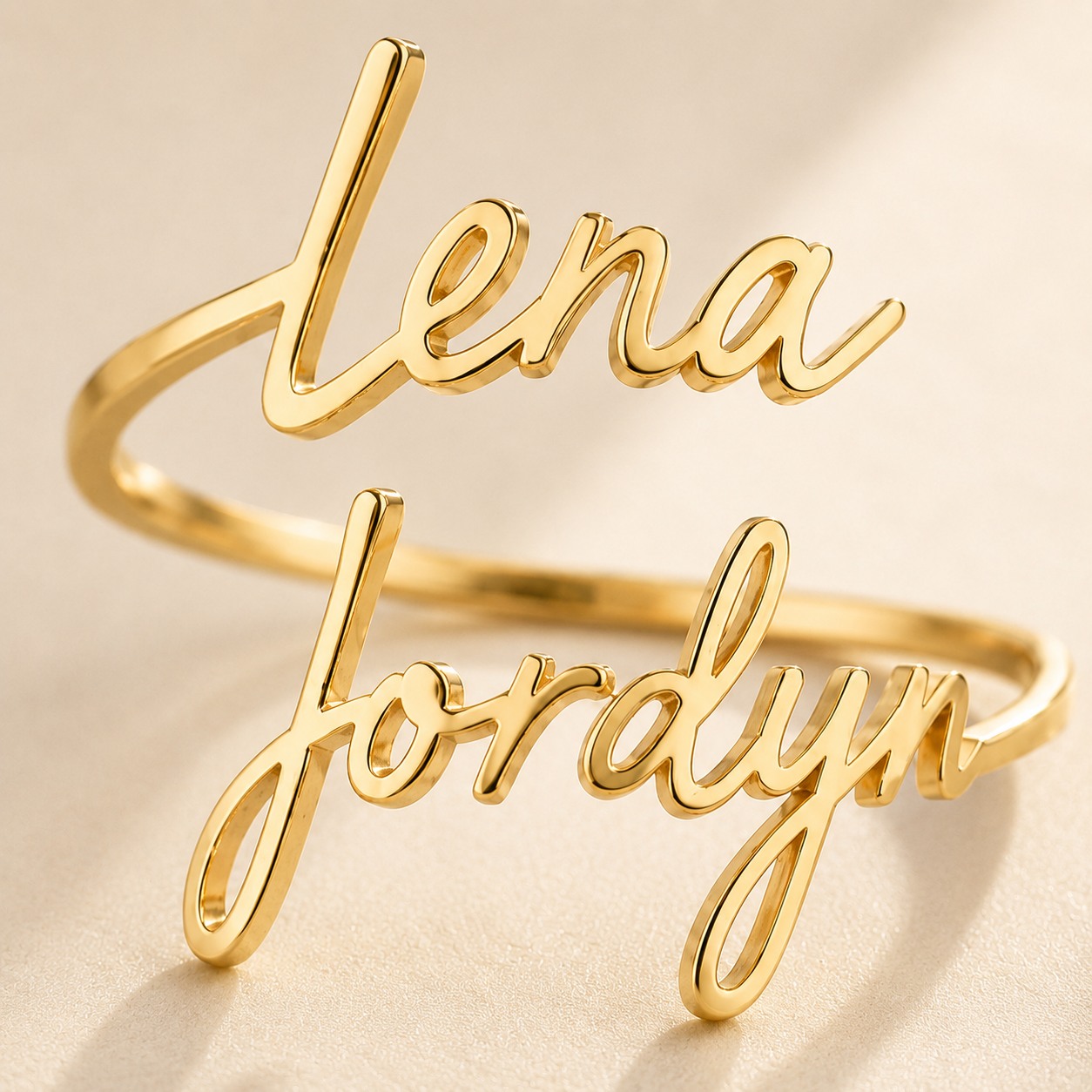 Custom Two-Name Wrap Ring worn lifestyle photo - personalized name ring Anthology Jewelry