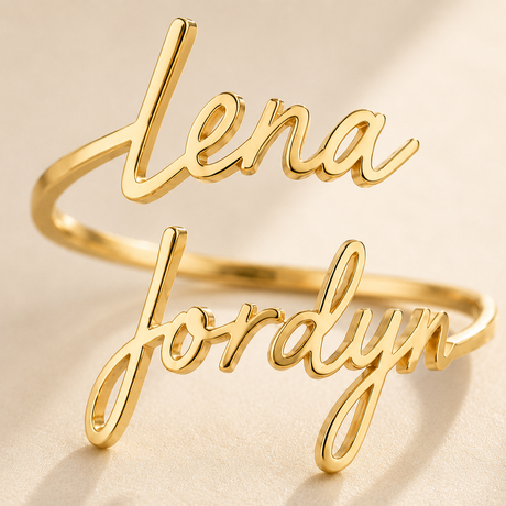 Custom Two-Name Wrap Ring worn lifestyle photo - personalized name ring Anthology Jewelry