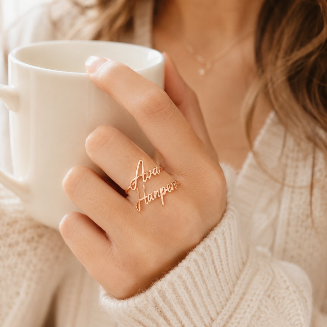 Custom name wrap ring worn on hand - personalized double name ring - Anthology Jewelry