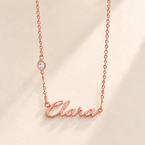 Custom Offset Birthstone Script Name Necklace april rose gold birthstone photo - Clara script with oval left-chain stone Anthology Jewelry