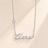 Custom Offset Birthstone Script Name Necklace april silver birthstone photo - Clara script with oval left-chain stone Anthology Jewelry