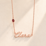 Custom Offset Birthstone Script Name Necklace january rose gold birthstone photo - Clara script with oval left-chain stone Anthology Jewelry