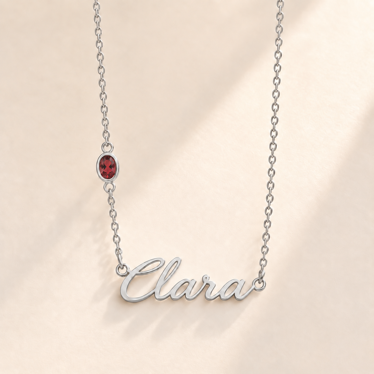 Custom Offset Birthstone Script Name Necklace january silver birthstone photo - Clara script with oval left-chain stone Anthology Jewelry