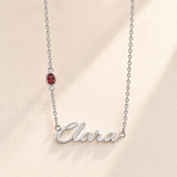 Custom Offset Birthstone Script Name Necklace january silver birthstone photo - Clara script with oval left-chain stone Anthology Jewelry