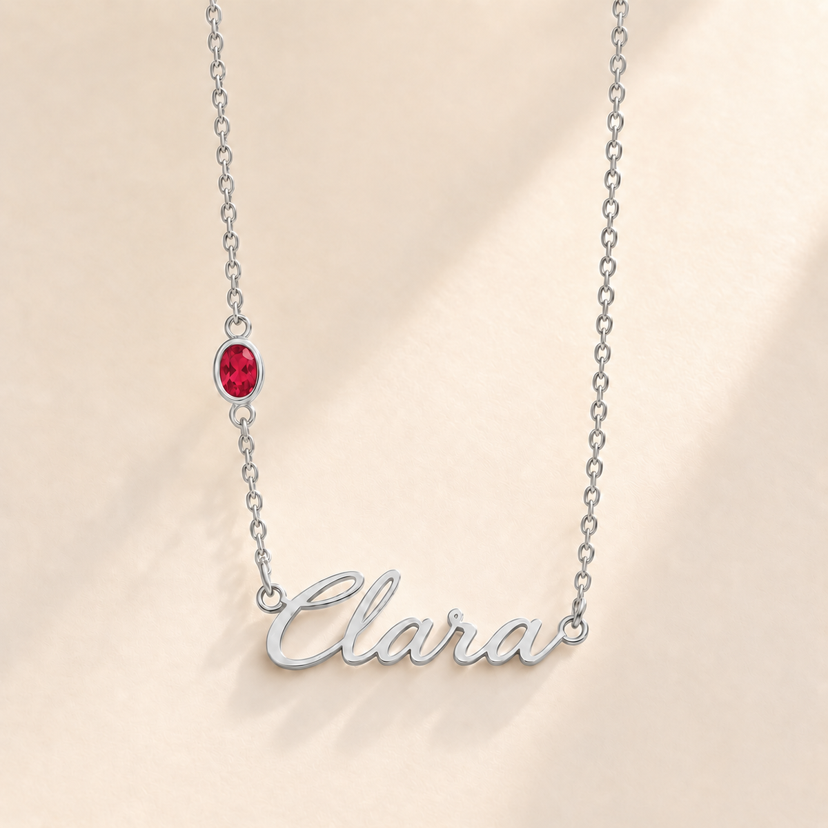 Custom Offset Birthstone Script Name Necklace july silver birthstone photo - Clara script with oval left-chain stone Anthology Jewelry