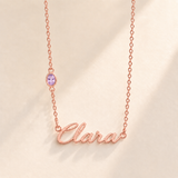 Custom Offset Birthstone Script Name Necklace june rose gold birthstone photo - Clara script with oval left-chain stone Anthology Jewelry