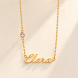Gold script Clara necklace with june birthstone-color stone on left chain