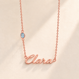 Custom Offset Birthstone Script Name Necklace march rose gold birthstone photo - Clara script with oval left-chain stone Anthology Jewelry