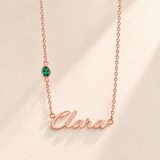 Custom Offset Birthstone Script Name Necklace may rose gold birthstone photo - Clara script with oval left-chain stone Anthology Jewelry