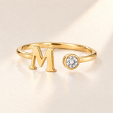Custom Open Birthstone Initial Ring, gold april birthstone variant image; ivory background