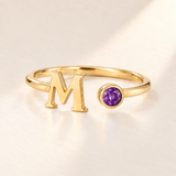 Custom Open Birthstone Initial Ring, gold february birthstone variant image; ivory background