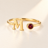 Custom Open Birthstone Initial Ring, gold-january birthstone variant image; ivory background