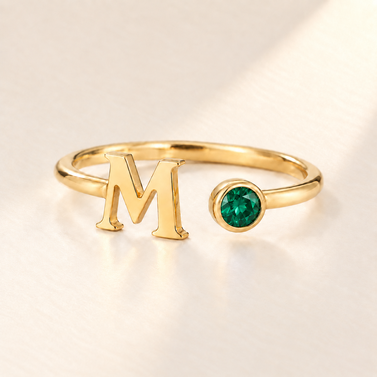 Custom Open Birthstone Initial Ring, gold may birthstone variant image; ivory background