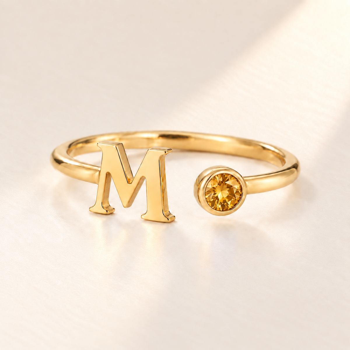 Custom Open Birthstone Initial Ring, gold november birthstone variant image; ivory background