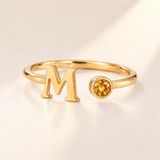Custom Open Birthstone Initial Ring, gold november birthstone variant image; ivory background