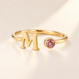 Custom Open Birthstone Initial Ring, gold october birthstone variant image; ivory background