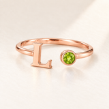Custom Open Birthstone Initial Ring, rose gold august birthstone variant image; ivory background