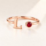 Custom Open Birthstone Initial Ring, rose gold july birthstone variant image; ivory background