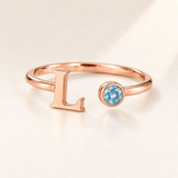 Custom Open Birthstone Initial Ring, rose gold march birthstone variant image; ivory background