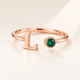 Custom Open Birthstone Initial Ring, rose gold may birthstone variant image; ivory background