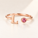 Custom Open Birthstone Initial Ring, rose gold october birthstone variant image; ivory background