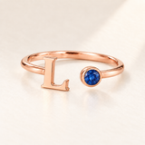 Custom Open Birthstone Initial Ring, rose gold september birthstone variant image; ivory background
