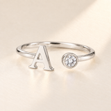Custom Open Birthstone Initial Ring, silver april birthstone variant image; ivory background