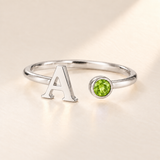 Custom Open Birthstone Initial Ring, silver august birthstone variant image; ivory background