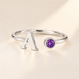 Custom Open Birthstone Initial Ring, silver february birthstone variant image; ivory background
