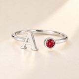 Custom Open Birthstone Initial Ring, silver july birthstone variant image; ivory background