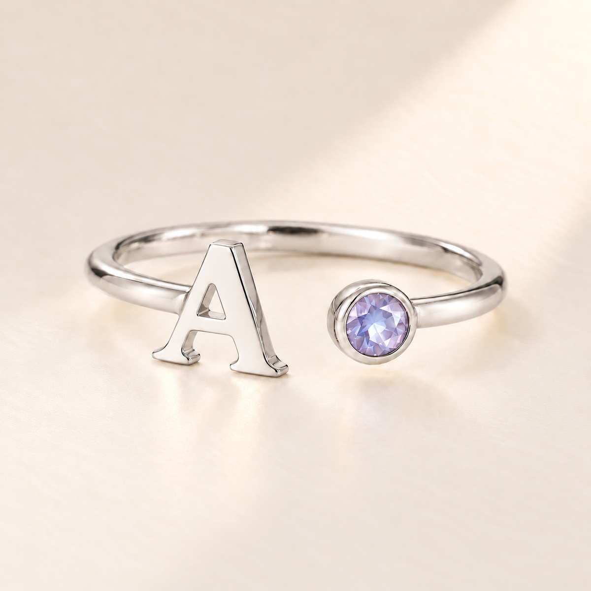 Custom Open Birthstone Initial Ring, silver june birthstone variant image; ivory background