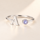 Custom Open Birthstone Initial Ring, silver june birthstone variant image; ivory background