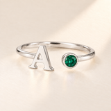Custom Open Birthstone Initial Ring, silver may birthstone variant image; ivory background