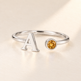 Custom Open Birthstone Initial Ring, silver november birthstone variant image; ivory background