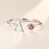 Custom Open Birthstone Initial Ring, silver october birthstone variant image; ivory background