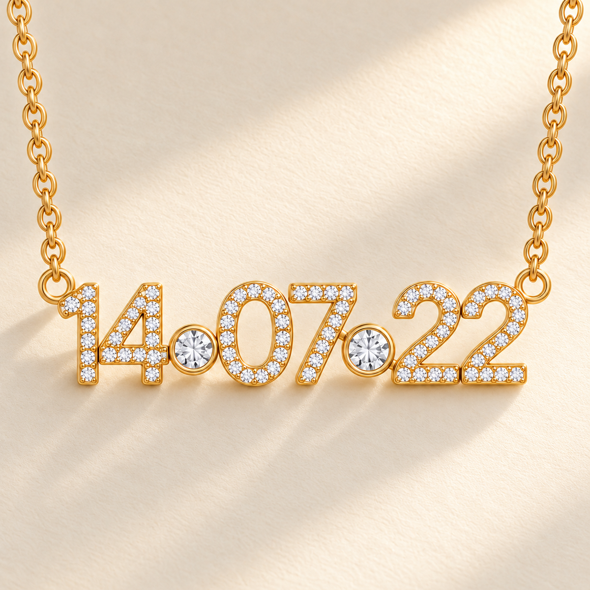 Custom Pavé Date Cutout Necklace macro detail of six stone-set date digits photo - Anthology Jewelry