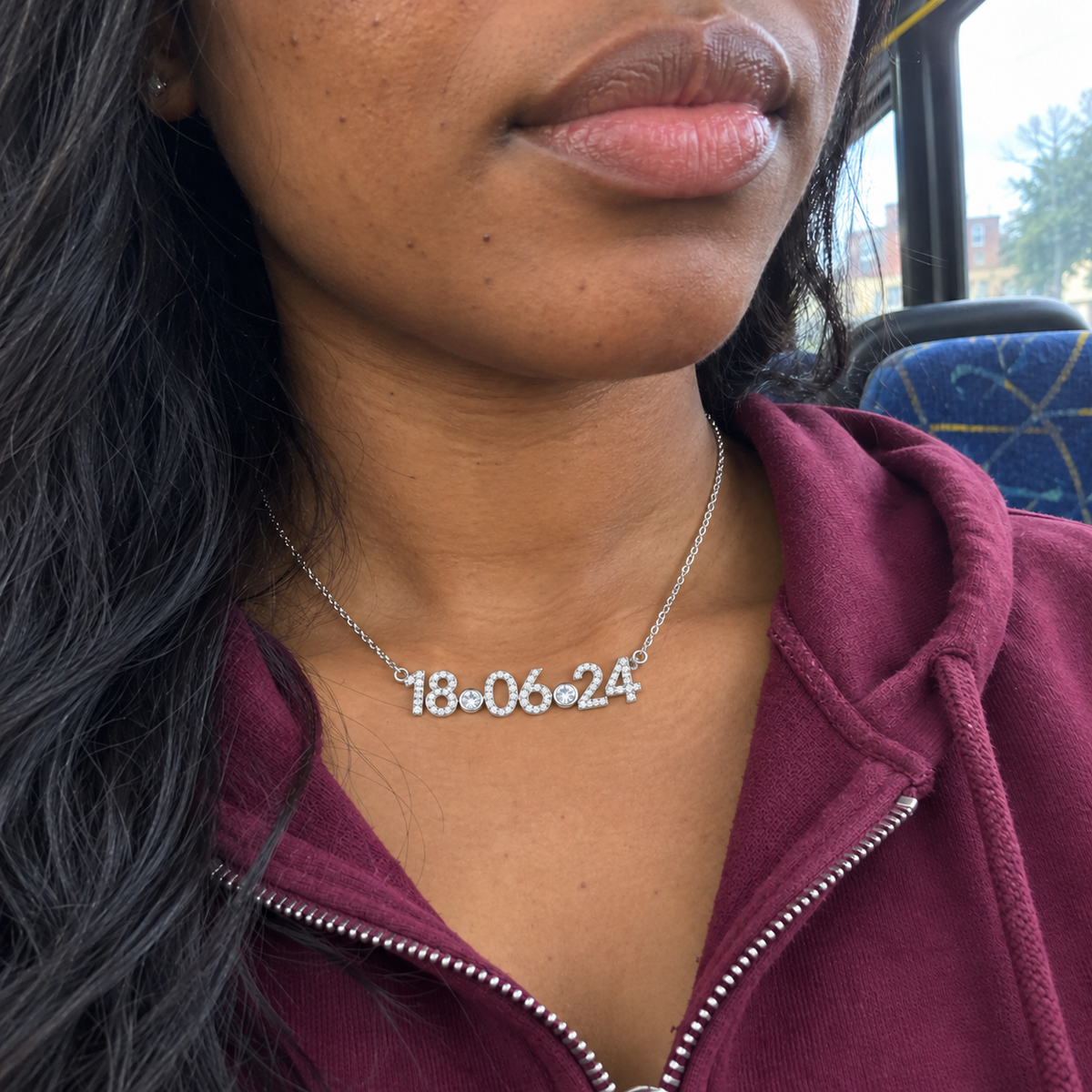 Custom Pavé Date Cutout Necklace in silver with 18.06.24 personalization, candid worn view - Anthology Jewelry