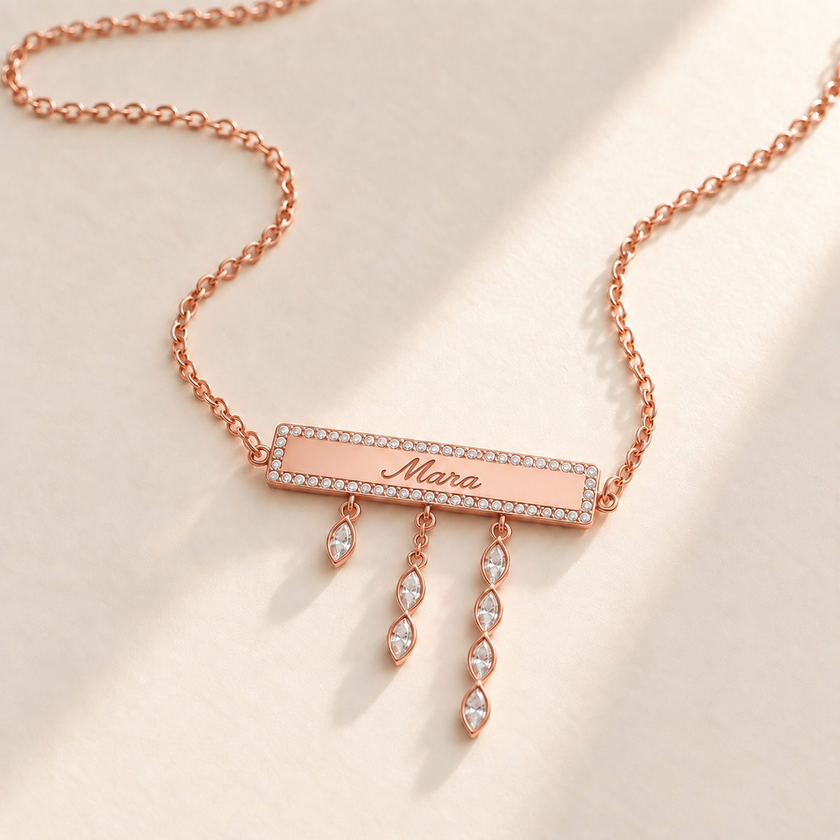 Custom Pavé Nameplate Drop Necklace rose gold metal variant hero photo - Anthology Jewelry