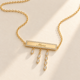 Custom Pavé Nameplate Drop Necklace gold hero, pavé name bar and three marquise drop strands photo - Anthology Jewelry