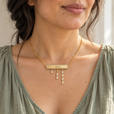 Custom Pavé Nameplate Drop Necklace close professional model view photo - Anthology Jewelry