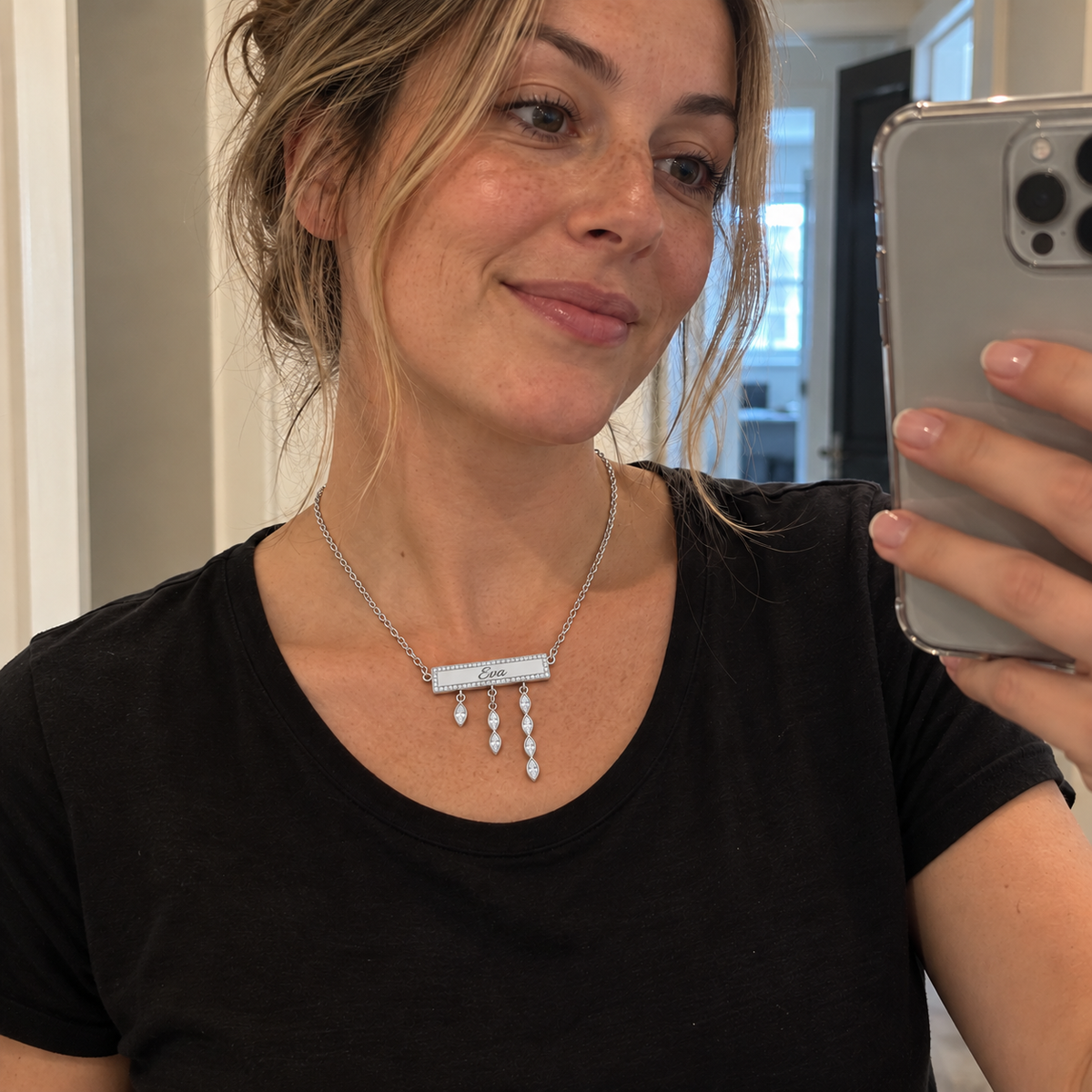 Custom Pavé Nameplate Drop Necklace in silver with Eva personalization, candid worn view - Anthology Jewelry