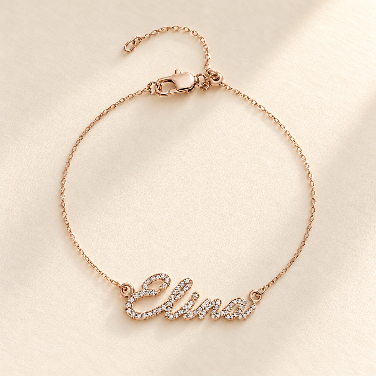 Rose-gold pavé script Elina name bracelet on fine chain