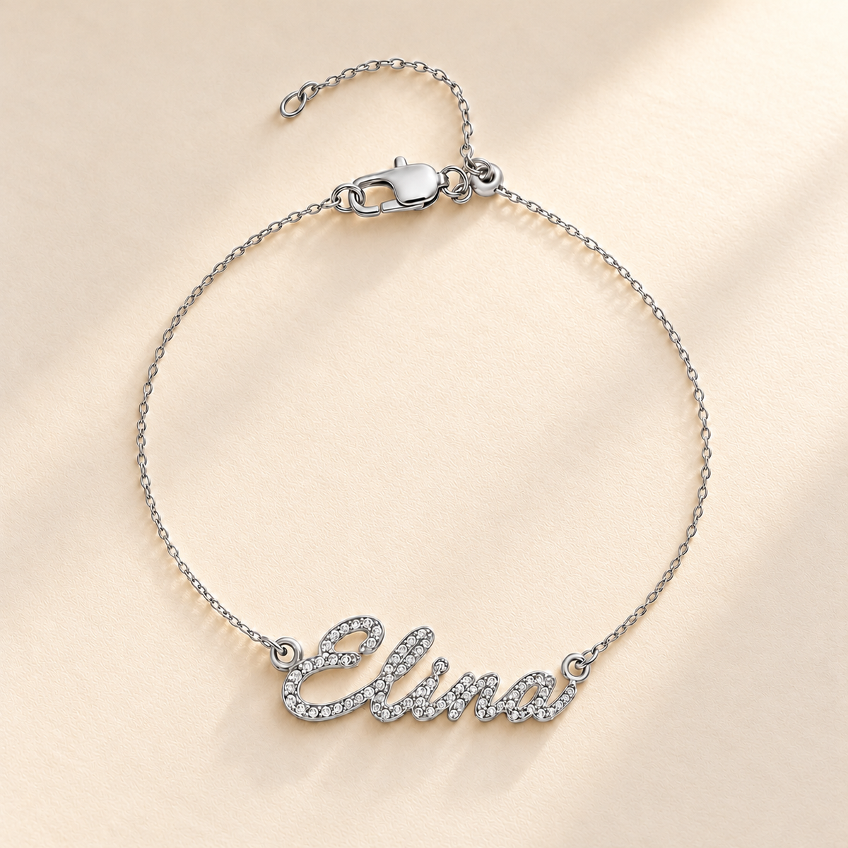 Silver pavé script Elina name bracelet on fine chain