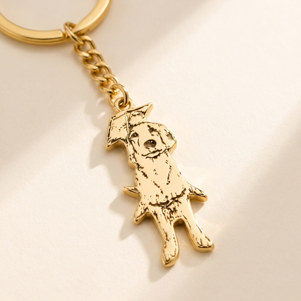 Custom Pet Keychain detail photo - close-up of engraved gold pet silhouette charm Anthology Jewelry