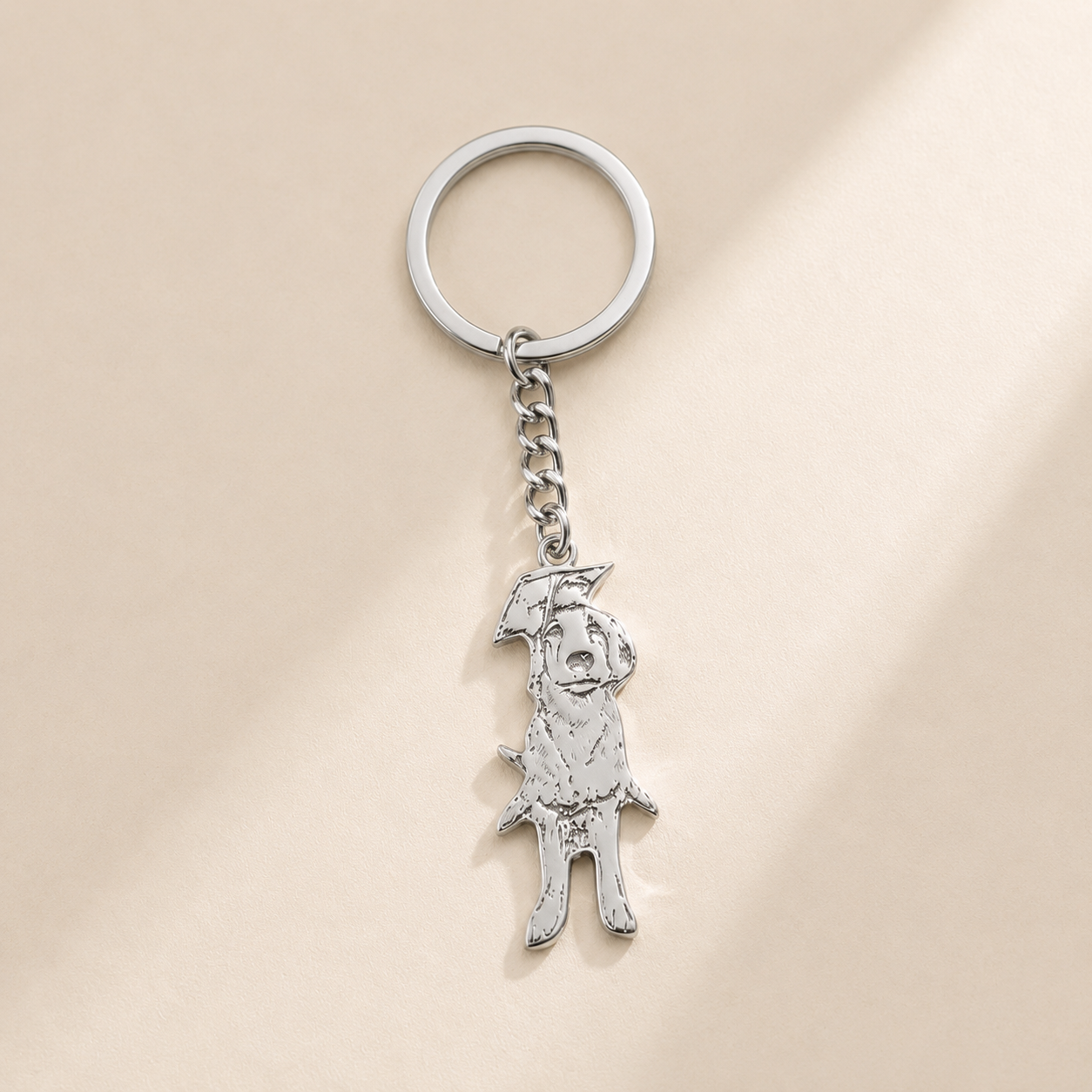 Custom Pet Keychain detail photo - engraved pet silhouette charm alternate angle Anthology Jewelry
